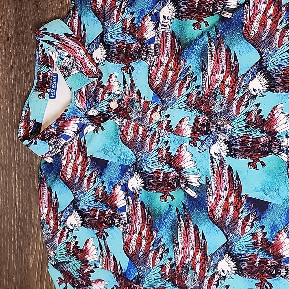 HRESKI Men's XL USA Patriotic‎ Eagle All Over Print Polo Shirt Stretch